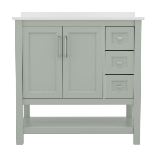 English Elm Vega Bathroom Vanity with Carrara Marble Sink, Soft-Close Storage, and Elegant Open Shelf Design Sage Frame/Nickel Hardware 36" FS-VEGA36-KD-SG-GG