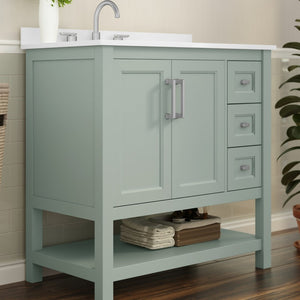 English Elm Vega Bathroom Vanity with Carrara Marble Sink, Soft-Close Storage, and Elegant Open Shelf Design Sage Frame/Nickel Hardware 36" FS-VEGA36-KD-SG-GG