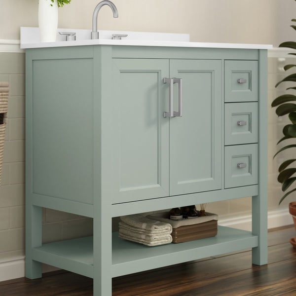 English Elm Vega Bathroom Vanity with Carrara Marble Sink, Soft-Close Storage, and Elegant Open Shelf Design Sage Frame/Nickel Hardware 36" FS-VEGA36-KD-SG-GG