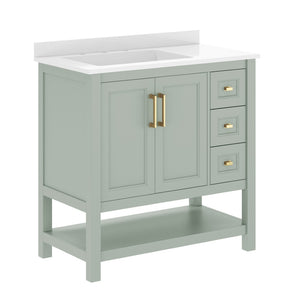 English Elm Vega Bathroom Vanity with Carrara Marble Sink, Soft-Close Storage, and Elegant Open Shelf Design Sage Frame/Gold Hardware 36" FS-VEGA36-KD-SG-HDGLD-GG