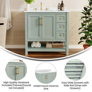 English Elm Vega Bathroom Vanity with Carrara Marble Sink, Soft-Close Storage, and Elegant Open Shelf Design Sage Frame/Gold Hardware 36" FS-VEGA36-KD-SG-HDGLD-GG