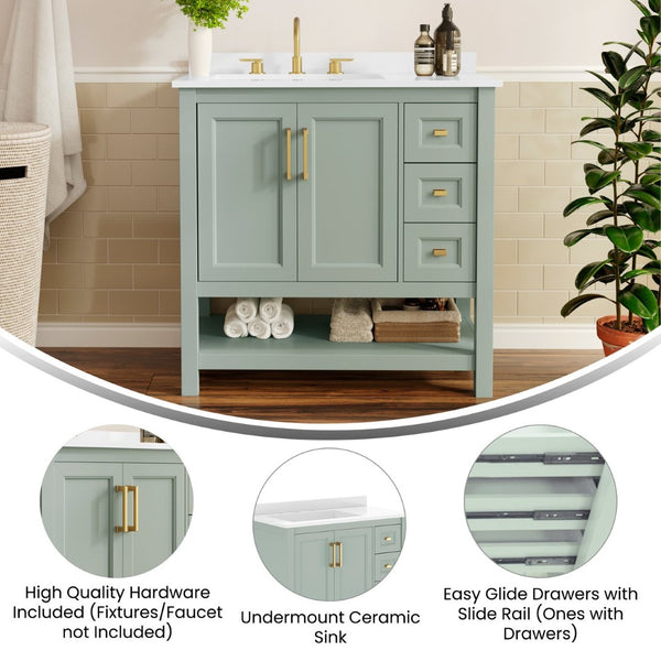 English Elm Vega Bathroom Vanity with Carrara Marble Sink, Soft-Close Storage, and Elegant Open Shelf Design Sage Frame/Gold Hardware 36" FS-VEGA36-KD-SG-HDGLD-GG
