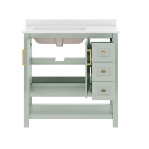 English Elm Vega Bathroom Vanity with Carrara Marble Sink, Soft-Close Storage, and Elegant Open Shelf Design Sage Frame/Gold Hardware 36" FS-VEGA36-KD-SG-HDGLD-GG