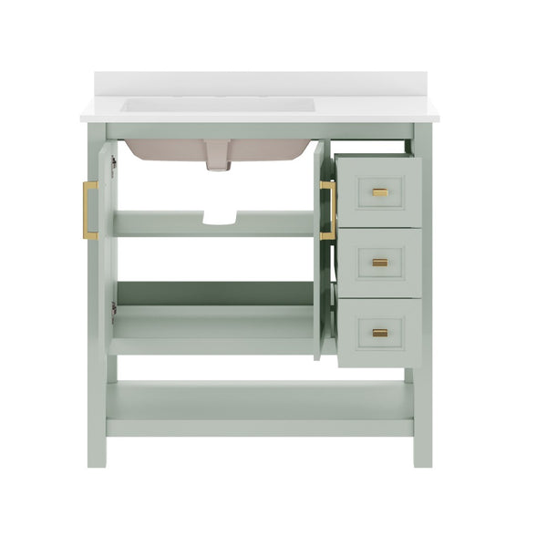 English Elm Vega Bathroom Vanity with Carrara Marble Sink, Soft-Close Storage, and Elegant Open Shelf Design Sage Frame/Gold Hardware 36" FS-VEGA36-KD-SG-HDGLD-GG