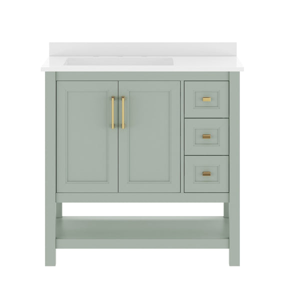 English Elm Vega Bathroom Vanity with Carrara Marble Sink, Soft-Close Storage, and Elegant Open Shelf Design Sage Frame/Gold Hardware 36" FS-VEGA36-KD-SG-HDGLD-GG