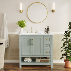 English Elm Vega Bathroom Vanity with Carrara Marble Sink, Soft-Close Storage, and Elegant Open Shelf Design Sage Frame/Gold Hardware 36" FS-VEGA36-KD-SG-HDGLD-GG