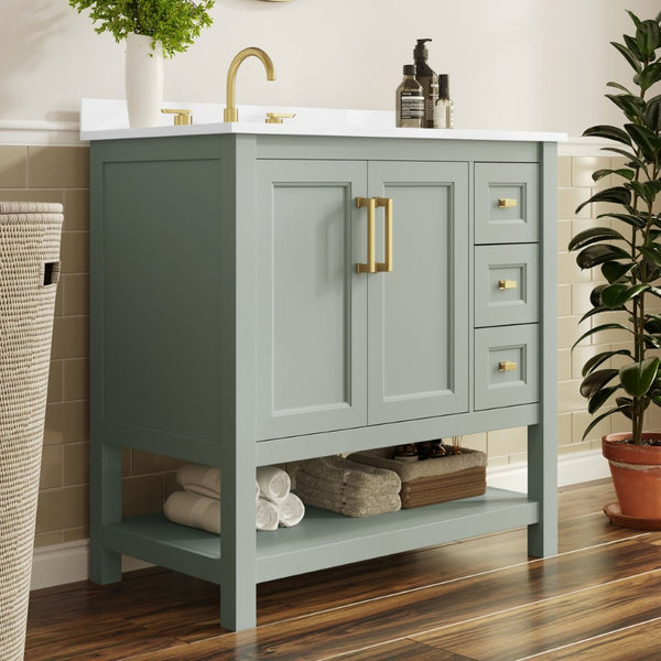 English Elm Vega Bathroom Vanity with Carrara Marble Sink, Soft-Close Storage, and Elegant Open Shelf Design Sage Frame/Gold Hardware 36" FS-VEGA36-KD-SG-HDGLD-GG