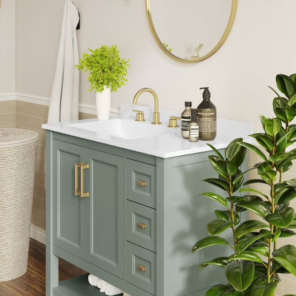 English Elm Vega Bathroom Vanity with Carrara Marble Sink, Soft-Close Storage, and Elegant Open Shelf Design Sage Frame/Gold Hardware 36" FS-VEGA36-KD-SG-HDGLD-GG