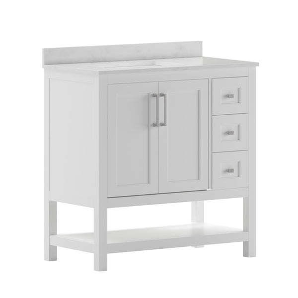 English Elm Vega Bathroom Vanity with Carrara Marble Sink, Soft-Close Storage, and Elegant Open Shelf Design White 36" FS-VEGA36-KD-WH-GG