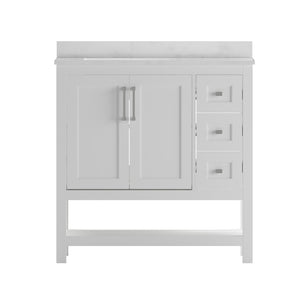 English Elm Vega Bathroom Vanity with Carrara Marble Sink, Soft-Close Storage, and Elegant Open Shelf Design White 36" FS-VEGA36-KD-WH-GG