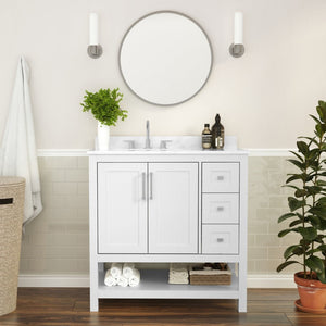 English Elm Vega Bathroom Vanity with Carrara Marble Sink, Soft-Close Storage, and Elegant Open Shelf Design White 36" FS-VEGA36-KD-WH-GG