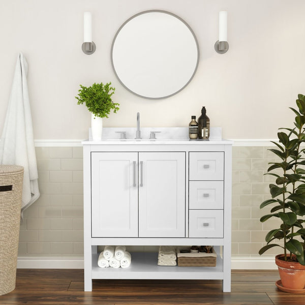 English Elm Vega Bathroom Vanity with Carrara Marble Sink, Soft-Close Storage, and Elegant Open Shelf Design White 36" FS-VEGA36-KD-WH-GG