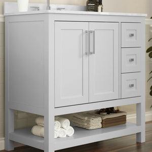 English Elm Vega Bathroom Vanity with Carrara Marble Sink, Soft-Close Storage, and Elegant Open Shelf Design White 36" FS-VEGA36-KD-WH-GG