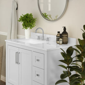 English Elm Vega Bathroom Vanity with Carrara Marble Sink, Soft-Close Storage, and Elegant Open Shelf Design White 36" FS-VEGA36-KD-WH-GG