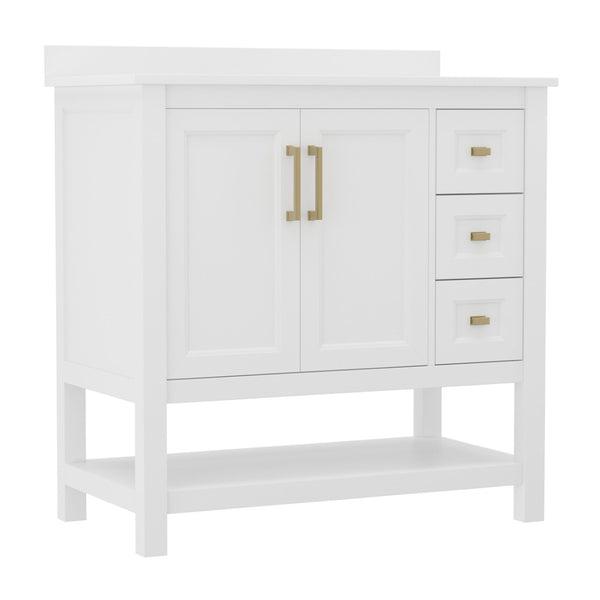English Elm Vega Bathroom Vanity with Carrara Marble Sink, Soft-Close Storage, and Elegant Open Shelf Design White Frame/Gold Hardware 36" FS-VEGA36-KD-WH-GLD-GG