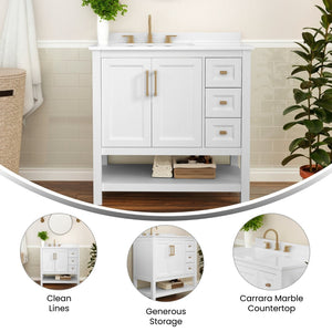 English Elm Vega Bathroom Vanity with Carrara Marble Sink, Soft-Close Storage, and Elegant Open Shelf Design White Frame/Gold Hardware 36" FS-VEGA36-KD-WH-GLD-GG