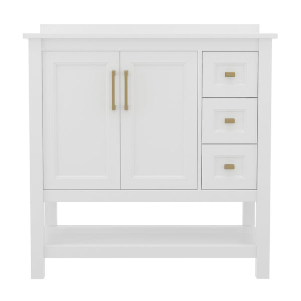 English Elm Vega Bathroom Vanity with Carrara Marble Sink, Soft-Close Storage, and Elegant Open Shelf Design White Frame/Gold Hardware 36" FS-VEGA36-KD-WH-GLD-GG