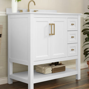 English Elm Vega Bathroom Vanity with Carrara Marble Sink, Soft-Close Storage, and Elegant Open Shelf Design White Frame/Gold Hardware 36" FS-VEGA36-KD-WH-GLD-GG