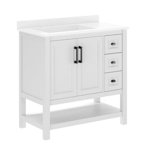 English Elm Vega Bathroom Vanity with Carrara Marble Sink, Soft-Close Storage, and Elegant Open Shelf Design White Frame/Black Hardware 36" FS-VEGA36-KD-WH-HDBLK-GG