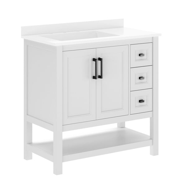 English Elm Vega Bathroom Vanity with Carrara Marble Sink, Soft-Close Storage, and Elegant Open Shelf Design White Frame/Black Hardware 36" FS-VEGA36-KD-WH-HDBLK-GG