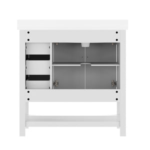 English Elm Vega Bathroom Vanity with Carrara Marble Sink, Soft-Close Storage, and Elegant Open Shelf Design White Frame/Black Hardware 36" FS-VEGA36-KD-WH-HDBLK-GG