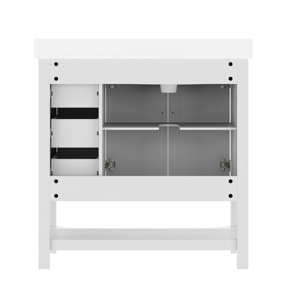 English Elm Vega Bathroom Vanity with Carrara Marble Sink, Soft-Close Storage, and Elegant Open Shelf Design White Frame/Black Hardware 36" FS-VEGA36-KD-WH-HDBLK-GG