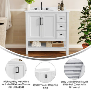 English Elm Vega Bathroom Vanity with Carrara Marble Sink, Soft-Close Storage, and Elegant Open Shelf Design White Frame/Black Hardware 36" FS-VEGA36-KD-WH-HDBLK-GG