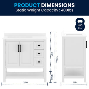 English Elm Vega Bathroom Vanity with Carrara Marble Sink, Soft-Close Storage, and Elegant Open Shelf Design White Frame/Black Hardware 36" FS-VEGA36-KD-WH-HDBLK-GG