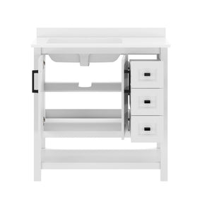 English Elm Vega Bathroom Vanity with Carrara Marble Sink, Soft-Close Storage, and Elegant Open Shelf Design White Frame/Black Hardware 36" FS-VEGA36-KD-WH-HDBLK-GG