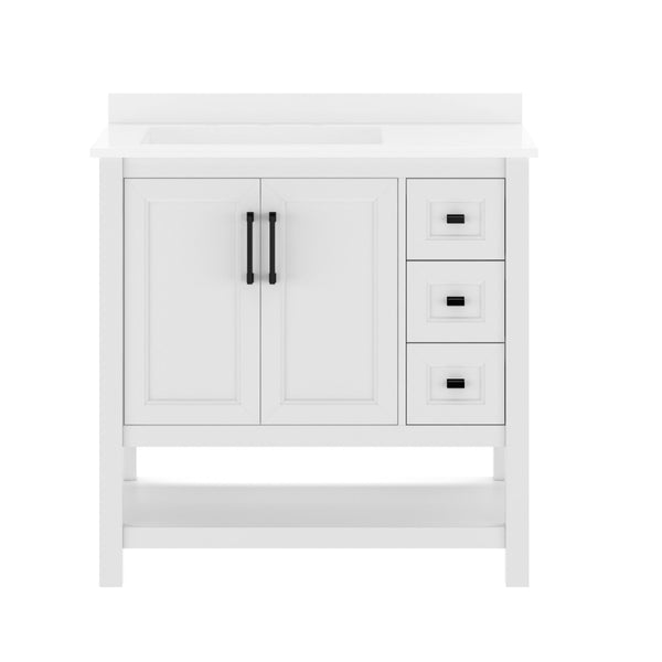 English Elm Vega Bathroom Vanity with Carrara Marble Sink, Soft-Close Storage, and Elegant Open Shelf Design White Frame/Black Hardware 36" FS-VEGA36-KD-WH-HDBLK-GG