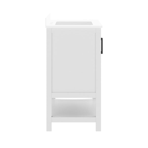 English Elm Vega Bathroom Vanity with Carrara Marble Sink, Soft-Close Storage, and Elegant Open Shelf Design White Frame/Black Hardware 36" FS-VEGA36-KD-WH-HDBLK-GG