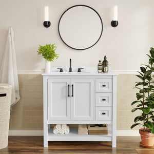 English Elm Vega Bathroom Vanity with Carrara Marble Sink, Soft-Close Storage, and Elegant Open Shelf Design White Frame/Black Hardware 36" FS-VEGA36-KD-WH-HDBLK-GG