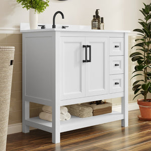 English Elm Vega Bathroom Vanity with Carrara Marble Sink, Soft-Close Storage, and Elegant Open Shelf Design White Frame/Black Hardware 36" FS-VEGA36-KD-WH-HDBLK-GG