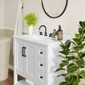 English Elm Vega Bathroom Vanity with Carrara Marble Sink, Soft-Close Storage, and Elegant Open Shelf Design White Frame/Black Hardware 36" FS-VEGA36-KD-WH-HDBLK-GG