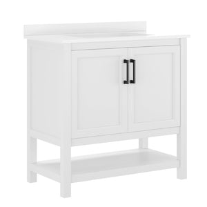 English Elm Vega Bathroom Vanity with Sink Combo - Stylish Carrara Marble Countertop, Soft-Close Doors & Storage White Frame/Black Hardware 36" FS-VEGA36-WH-HDBLK-GG