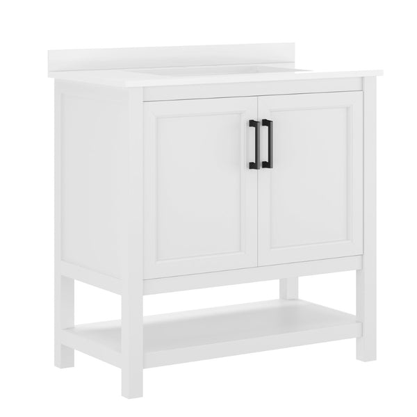 English Elm Vega Bathroom Vanity with Sink Combo - Stylish Carrara Marble Countertop, Soft-Close Doors & Storage White Frame/Black Hardware 36" FS-VEGA36-WH-HDBLK-GG