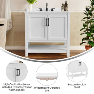 English Elm Vega Bathroom Vanity with Sink Combo - Stylish Carrara Marble Countertop, Soft-Close Doors & Storage White Frame/Black Hardware 36" FS-VEGA36-WH-HDBLK-GG