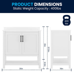English Elm Vega Bathroom Vanity with Sink Combo - Stylish Carrara Marble Countertop, Soft-Close Doors & Storage White Frame/Black Hardware 36" FS-VEGA36-WH-HDBLK-GG
