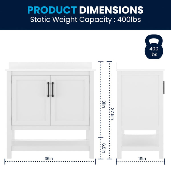 English Elm Vega Bathroom Vanity with Sink Combo - Stylish Carrara Marble Countertop, Soft-Close Doors & Storage White Frame/Black Hardware 36" FS-VEGA36-WH-HDBLK-GG