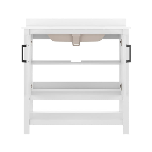 English Elm Vega Bathroom Vanity with Sink Combo - Stylish Carrara Marble Countertop, Soft-Close Doors & Storage White Frame/Black Hardware 36" FS-VEGA36-WH-HDBLK-GG