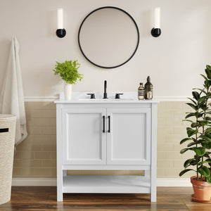 English Elm Vega Bathroom Vanity with Sink Combo - Stylish Carrara Marble Countertop, Soft-Close Doors & Storage White Frame/Black Hardware 36" FS-VEGA36-WH-HDBLK-GG