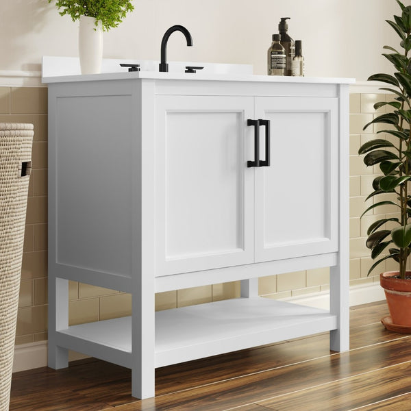 English Elm Vega Bathroom Vanity with Sink Combo - Stylish Carrara Marble Countertop, Soft-Close Doors & Storage White Frame/Black Hardware 36" FS-VEGA36-WH-HDBLK-GG