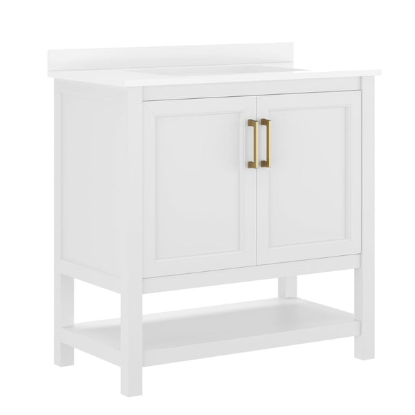 English Elm Vega Bathroom Vanity with Sink Combo - Stylish Carrara Marble Countertop, Soft-Close Doors & Storage White Frame/Gold Hardware 36" FS-VEGA36-WH-HDGLD-GG