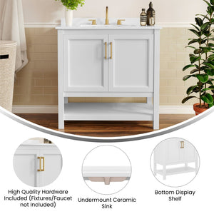 English Elm Vega Bathroom Vanity with Sink Combo - Stylish Carrara Marble Countertop, Soft-Close Doors & Storage White Frame/Gold Hardware 36" FS-VEGA36-WH-HDGLD-GG