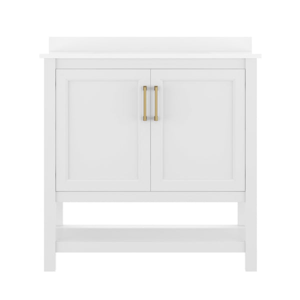 English Elm Vega Bathroom Vanity with Sink Combo - Stylish Carrara Marble Countertop, Soft-Close Doors & Storage White Frame/Gold Hardware 36" FS-VEGA36-WH-HDGLD-GG