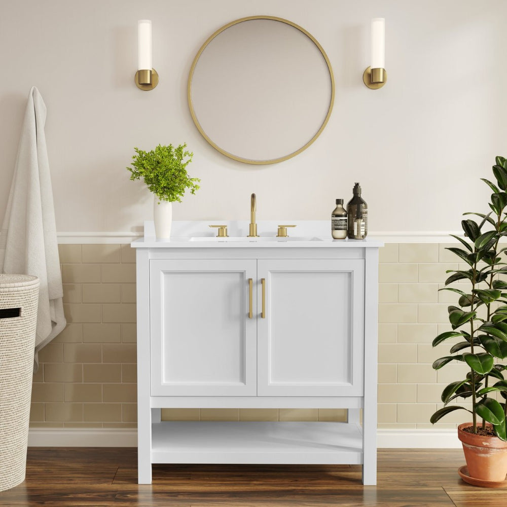 English Elm Vega Bathroom Vanity with Sink Combo - Stylish Carrara Marble Countertop, Soft-Close Doors & Storage White Frame/Gold Hardware 36" FS-VEGA36-WH-HDGLD-GG