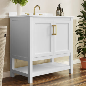 English Elm Vega Bathroom Vanity with Sink Combo - Stylish Carrara Marble Countertop, Soft-Close Doors & Storage White Frame/Gold Hardware 36" FS-VEGA36-WH-HDGLD-GG