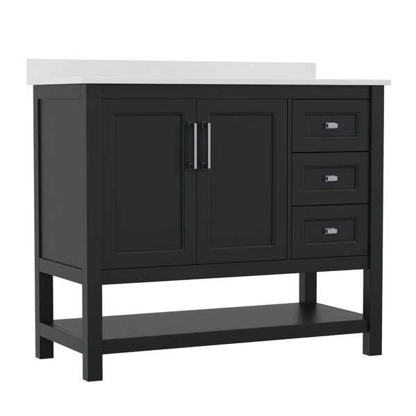 English Elm Vega Bathroom Vanity with Carrara Marble Sink, Soft-Close Storage, and Elegant Open Shelf Design Black Frame/Nickel Hardware 42" FS-VEGA42-BK-GG