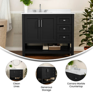 English Elm Vega Bathroom Vanity with Carrara Marble Sink, Soft-Close Storage, and Elegant Open Shelf Design Black Frame/Nickel Hardware 42" FS-VEGA42-BK-GG