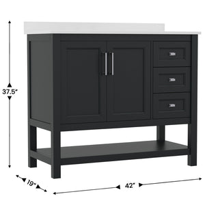 English Elm Vega Bathroom Vanity with Carrara Marble Sink, Soft-Close Storage, and Elegant Open Shelf Design Black Frame/Nickel Hardware 42" FS-VEGA42-BK-GG